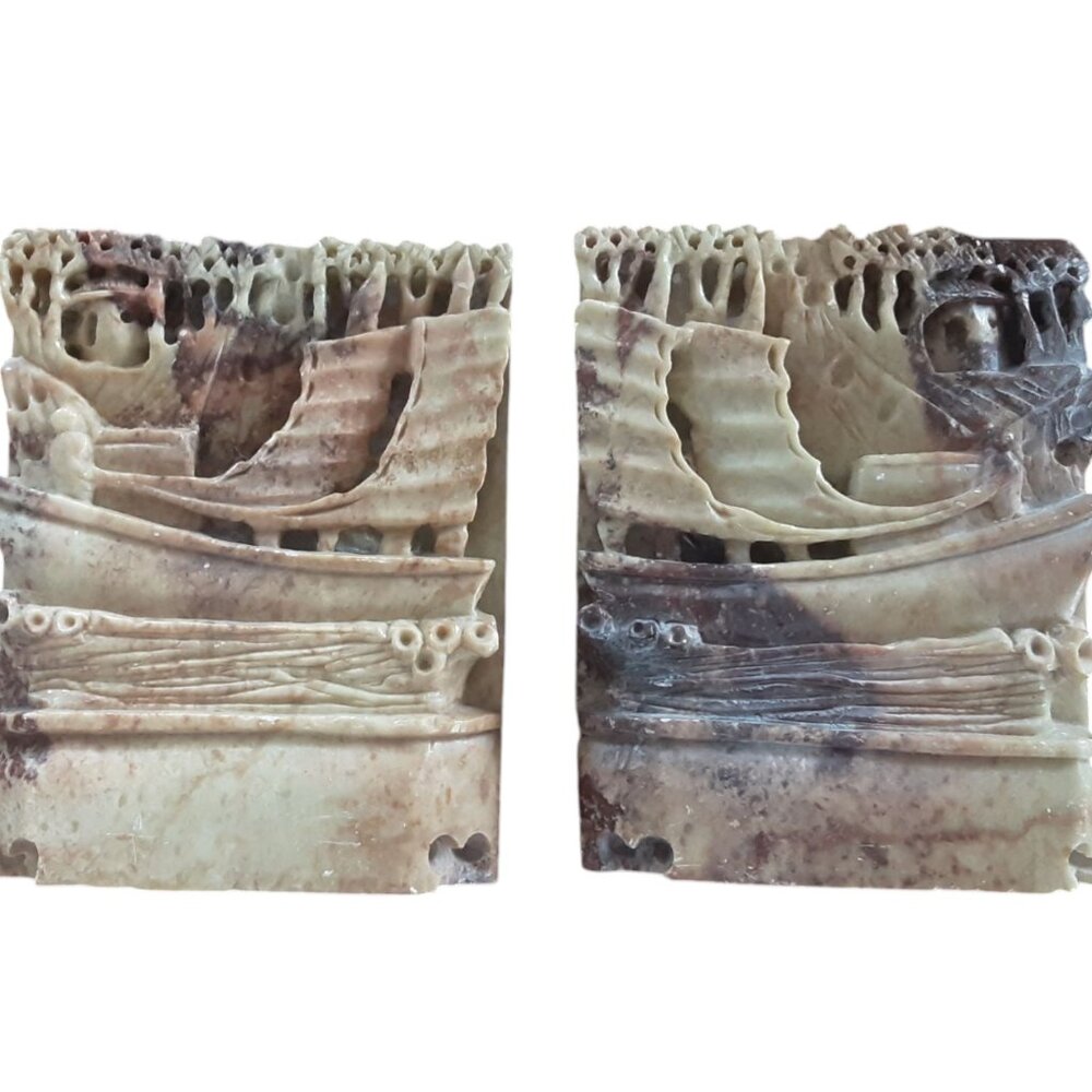 Vintage Chinese Pair Of Soapstone Hand Carved Ship Boat Bookends